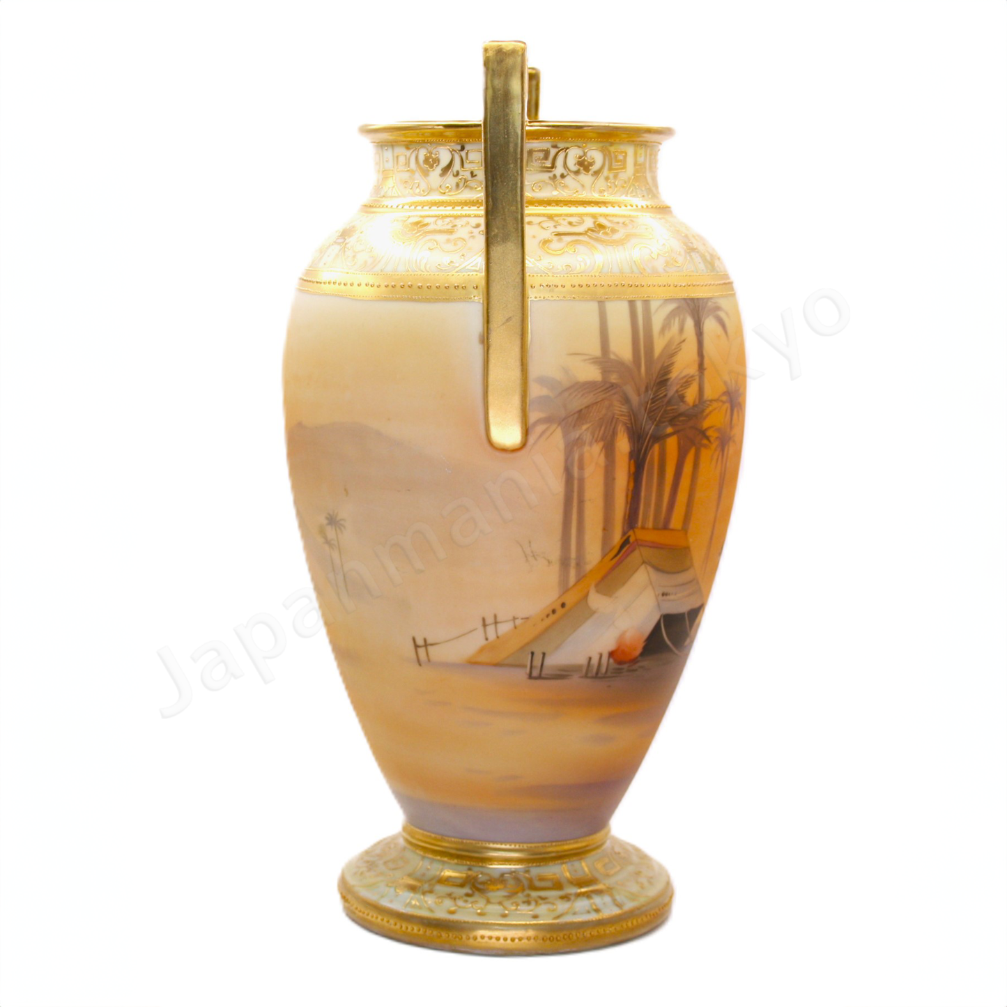 Side view: Japanese old fine china. Old Noritake. Vase with handles
Men on camel landscape design
polychrome and gold