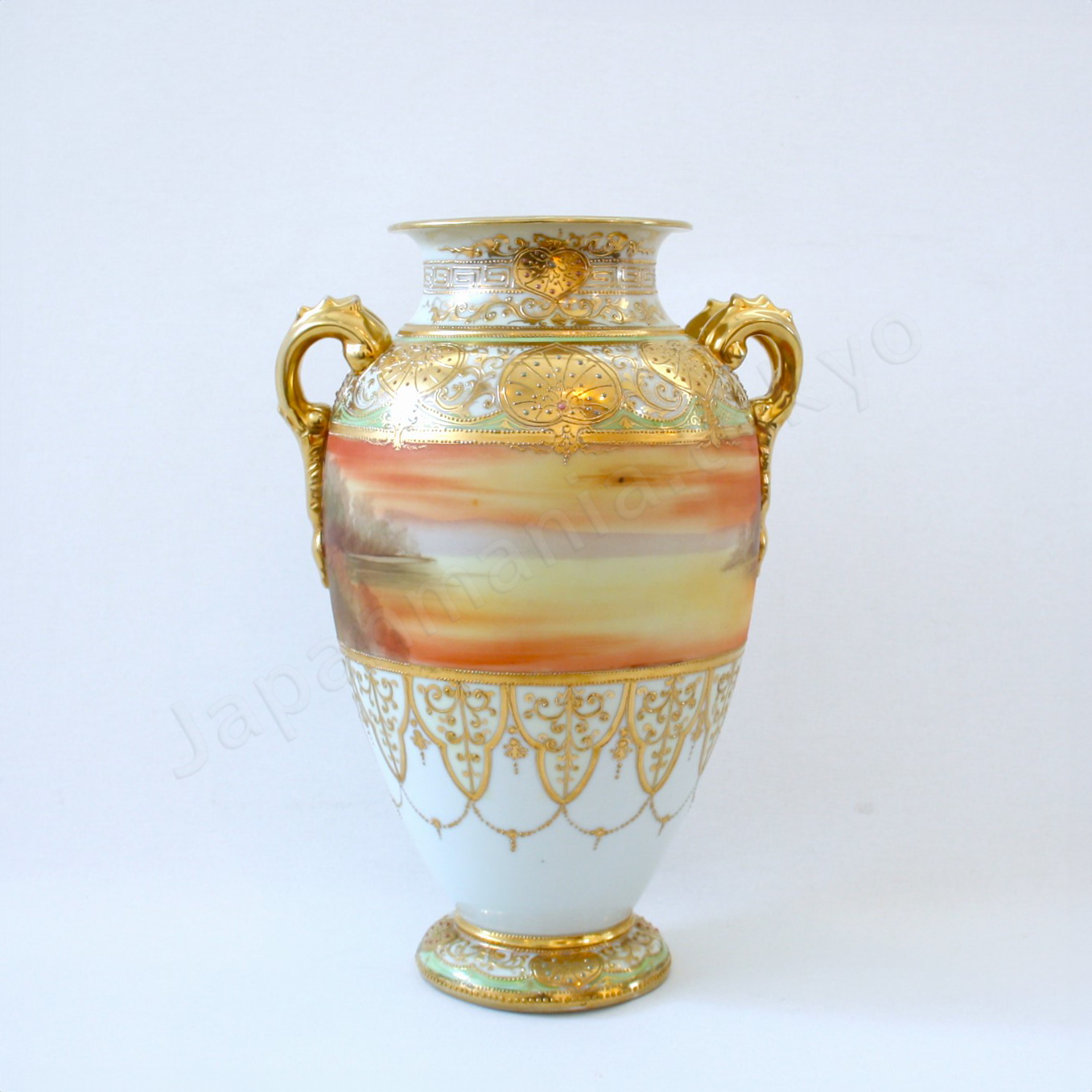 Back view: Japanese old fine china. Old Noritake. Vase with handles
Galle landscape design
polychrome and gold.