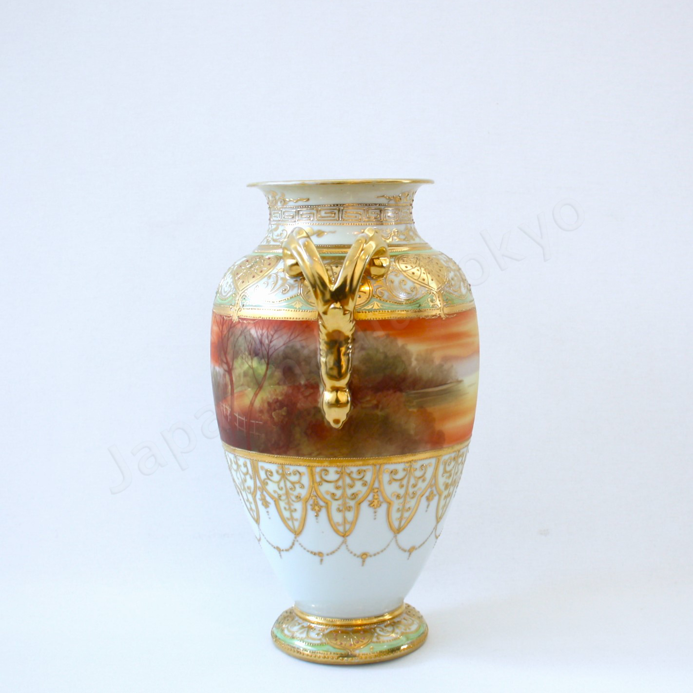 Side view: Japanese old fine china. Old Noritake. Vase with handles
Galle landscape design
polychrome and gold.