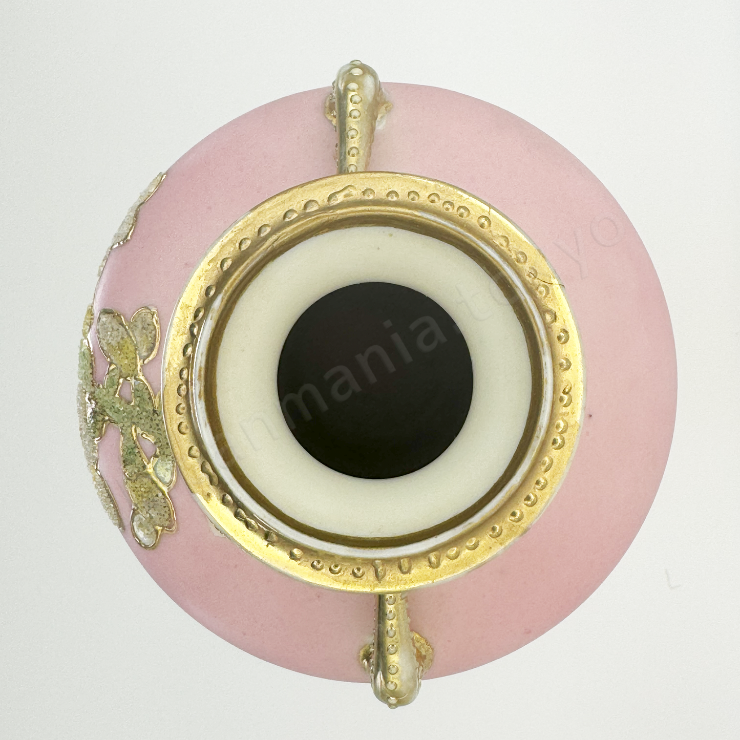 Top view: The Old Noritake CL-3 Vase, featuring a floral design with polychrome colors, delicate gold accents on the top and bottom, and beautiful coralene bead details. The background fades softly from pink at the top to cream and light green towards the base.