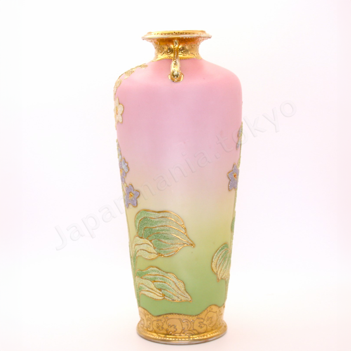 Side view: The Old Noritake CL-3 Vase, featuring a floral design with polychrome colors, delicate gold accents on the top and bottom, and beautiful coralene bead details. The background fades softly from pink at the top to cream and light green towards the base.
