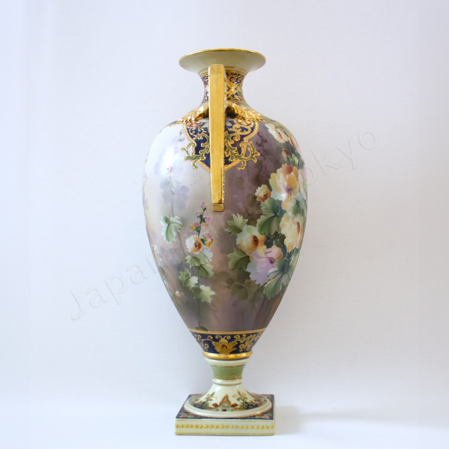 Side view: Japanese old fine china. Old Noritake. Antique. Palace sized Bolted Urn Floral design
Polychrome and gold