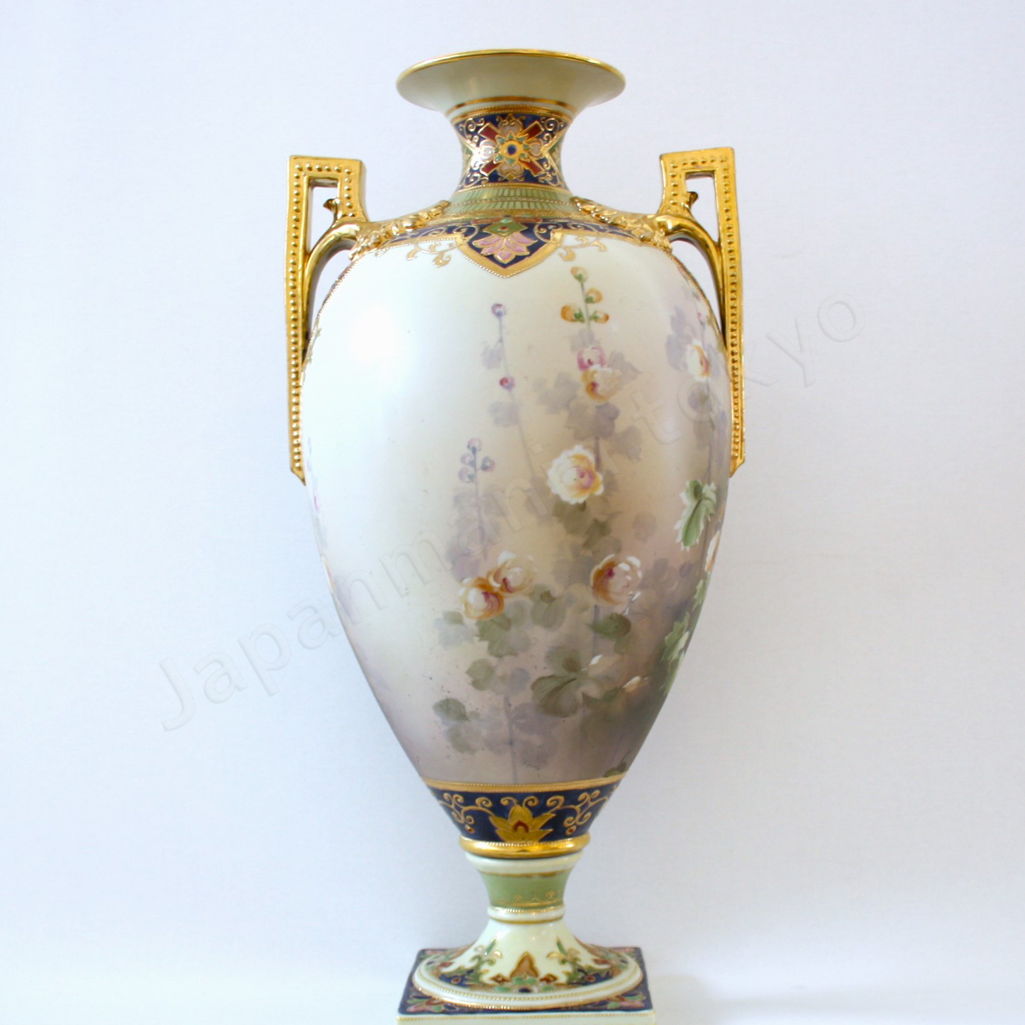 Back view: Japanese old fine china. Old Noritake. Antique. Palace sized Bolted Urn Floral design
Polychrome and gold