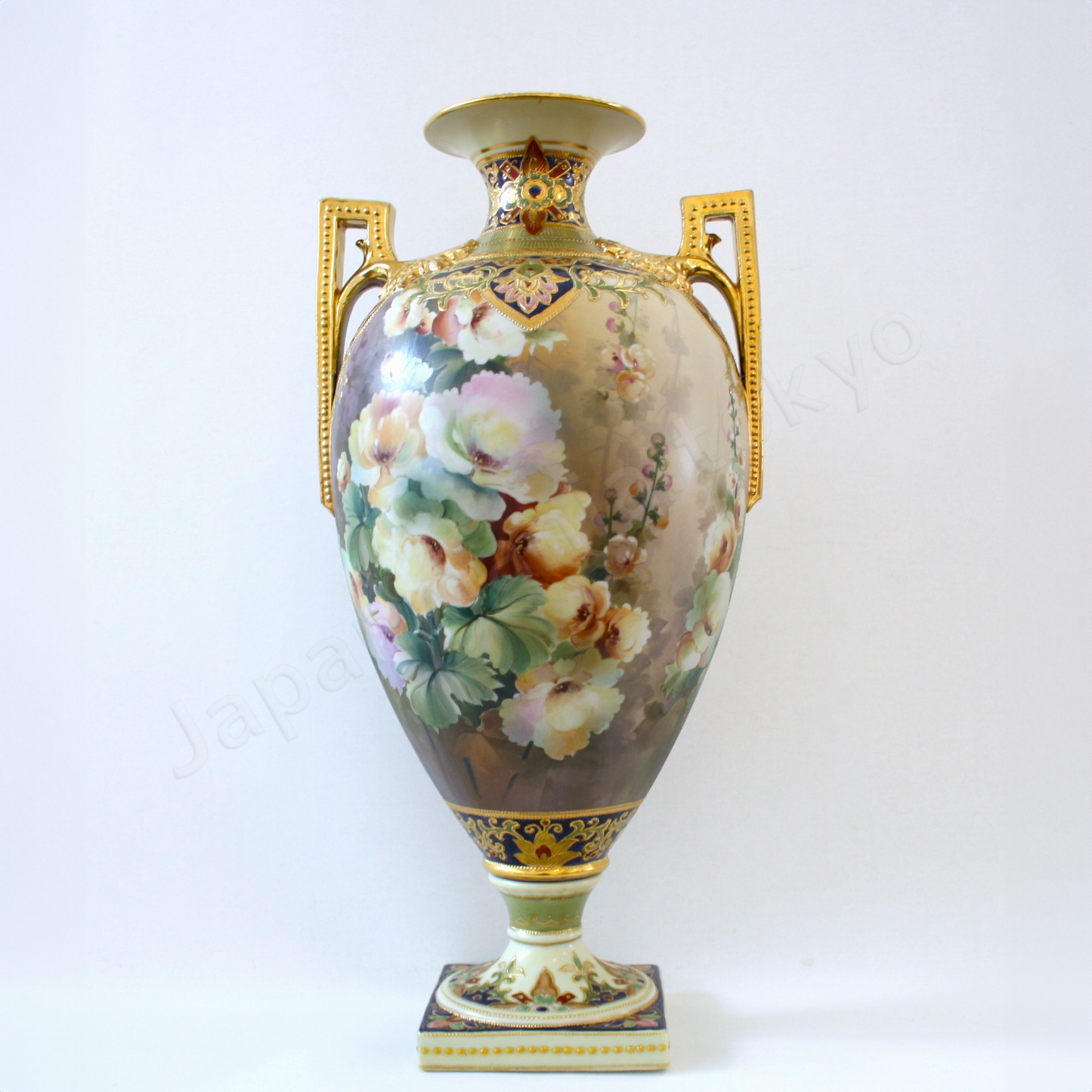 Front view: Japanese old fine china. Old Noritake. Antique. Palace sized Bolted Urn Floral design
Polychrome and gold