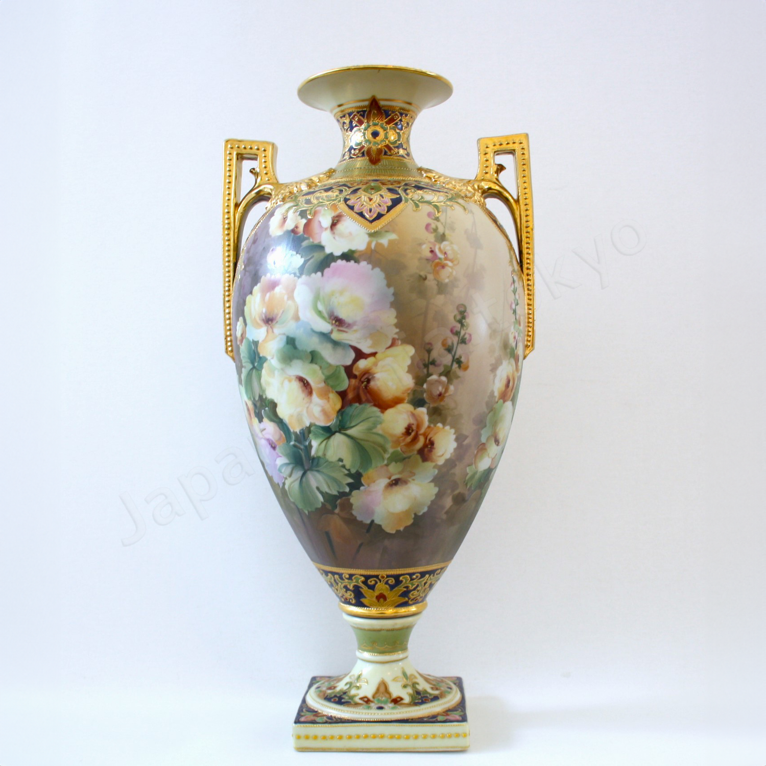 Front view: Japanese old fine china. Old Noritake. Antique. Palace sized Bolted Urn Floral design
Polychrome and gold