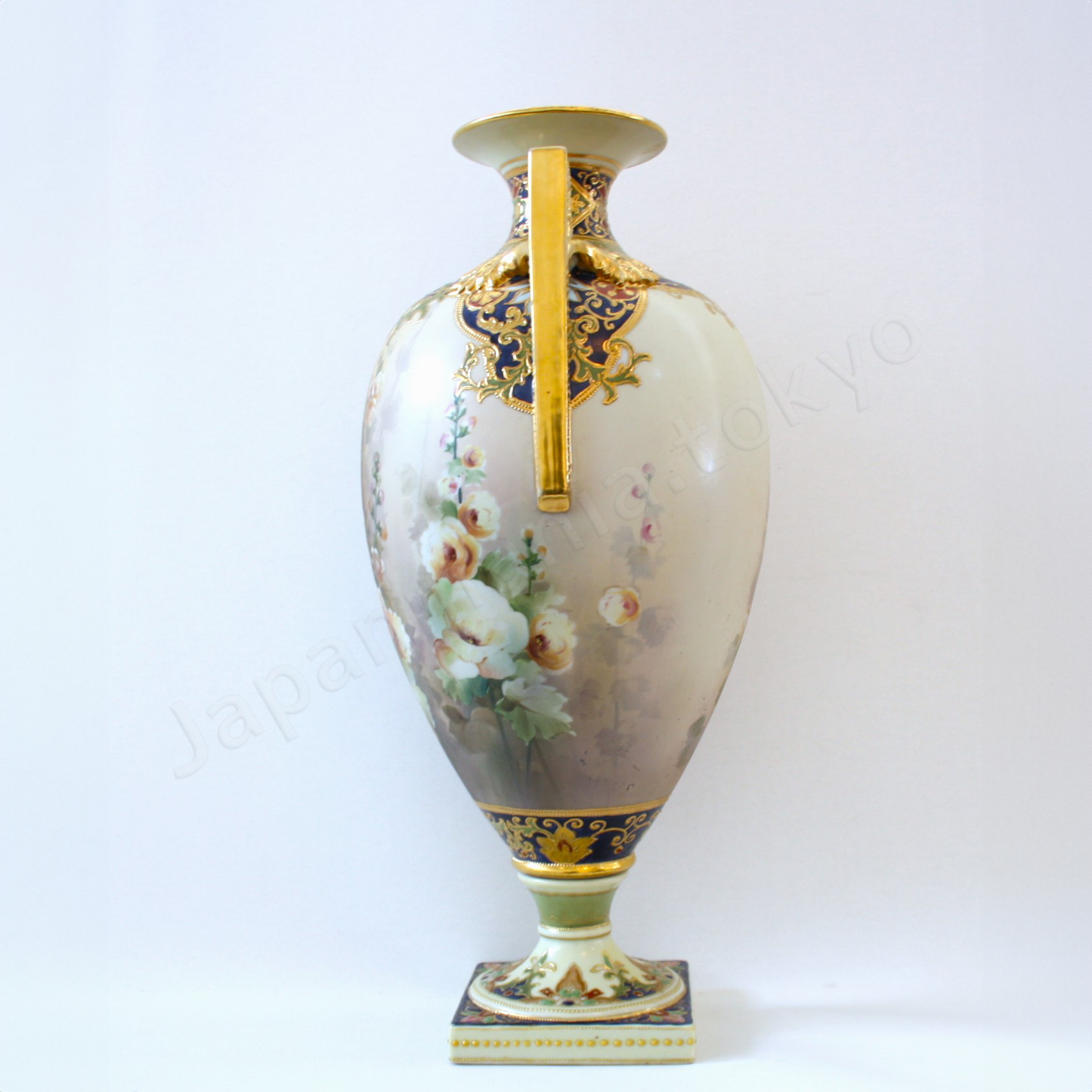Side view: Japanese old fine china. Old Noritake. Antique. Palace sized Bolted Urn Floral design
Polychrome and gold