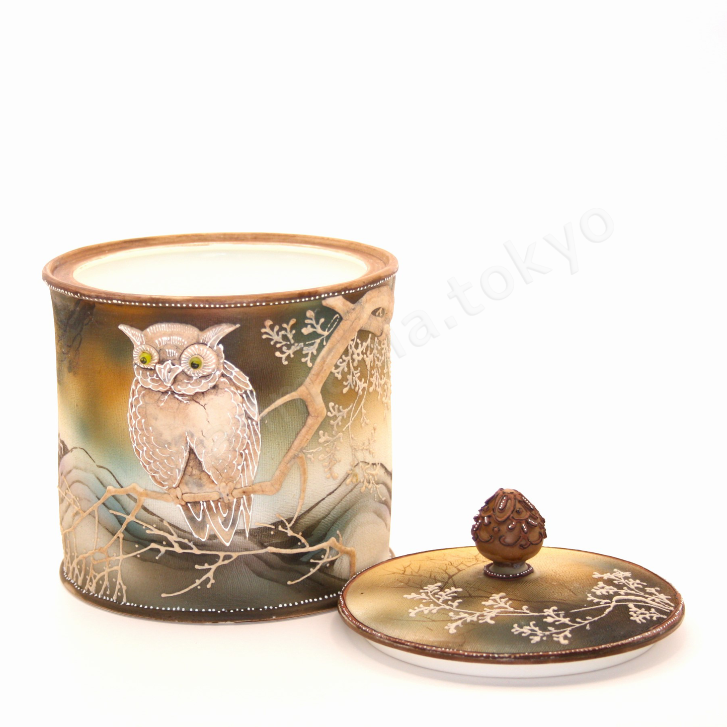 Front view: Japanese old fine china. Old Noritake. Antique. Humidor
Horned owl design
Polychrome, Tapestry(cloth inlay) and white Moriage