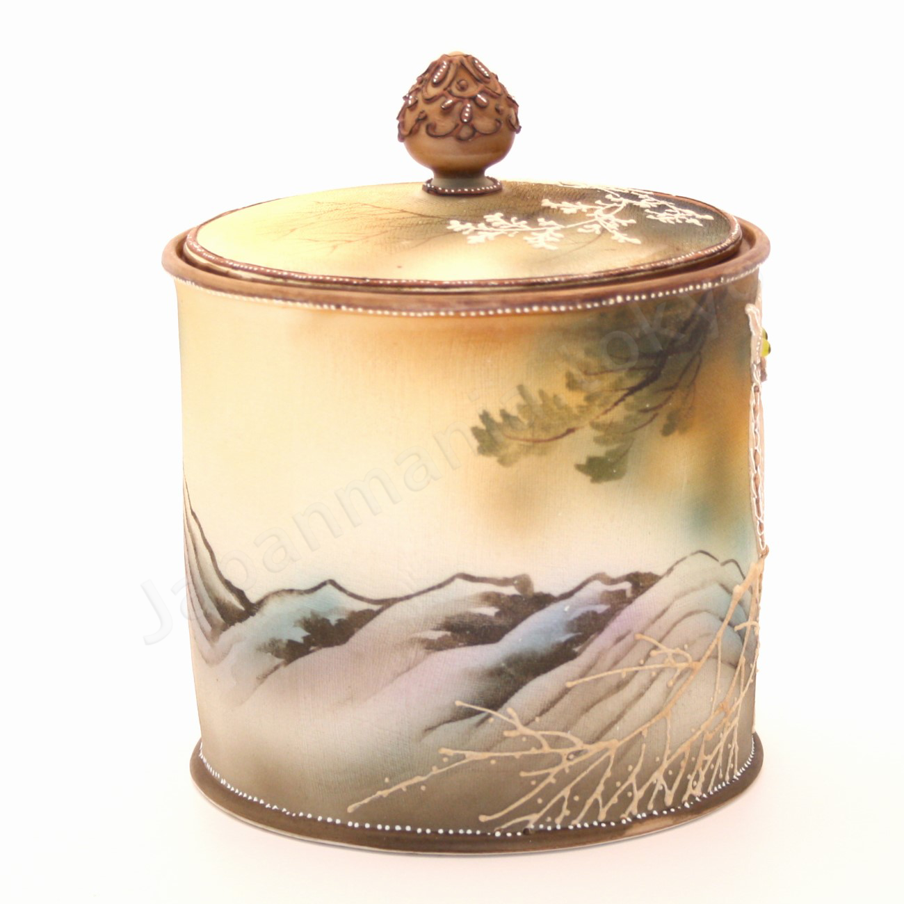 Side view: Japanese old fine china. Old Noritake. Antique. Humidor
Horned owl design
Polychrome, Tapestry(cloth inlay) and white Moriage