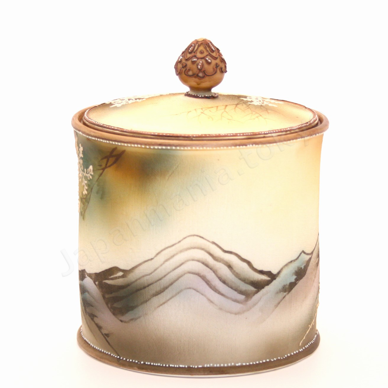 Back view: Japanese old fine china. Old Noritake. Antique. Humidor
Horned owl design
Polychrome, Tapestry(cloth inlay) and white Moriage