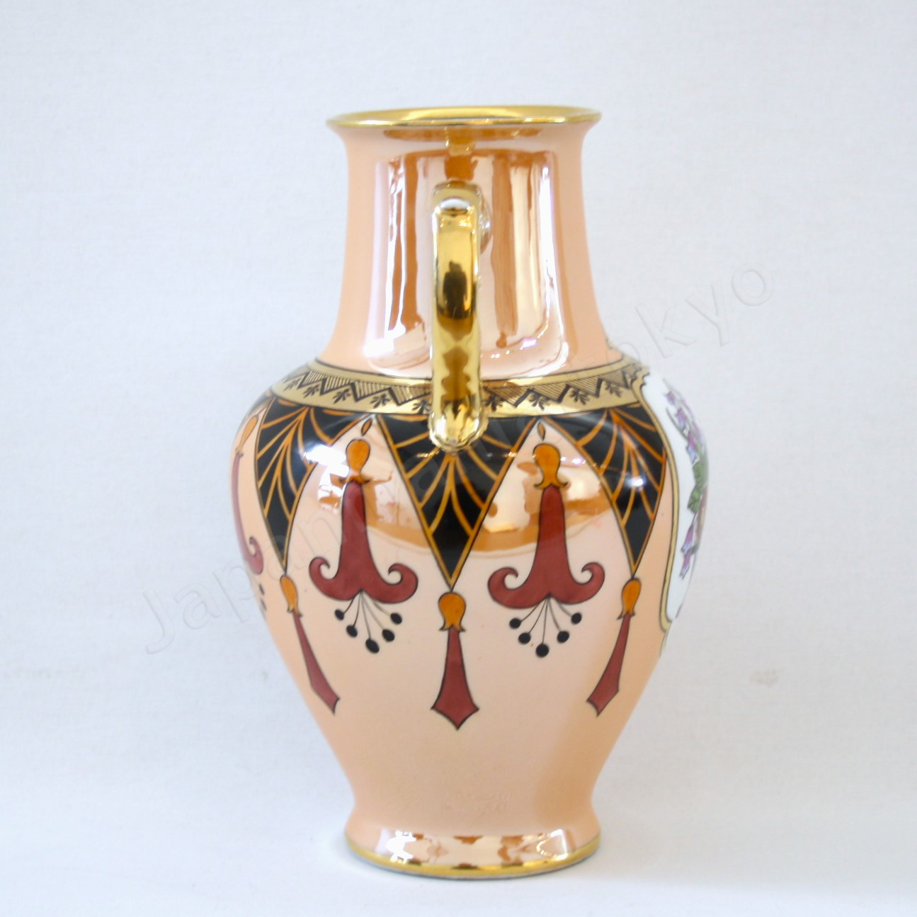 Side view: The Old Noritake EB-1124 Vase, showcasing its elegant Art Deco style with a flower basket design and a shimmering polychrome luster finish.