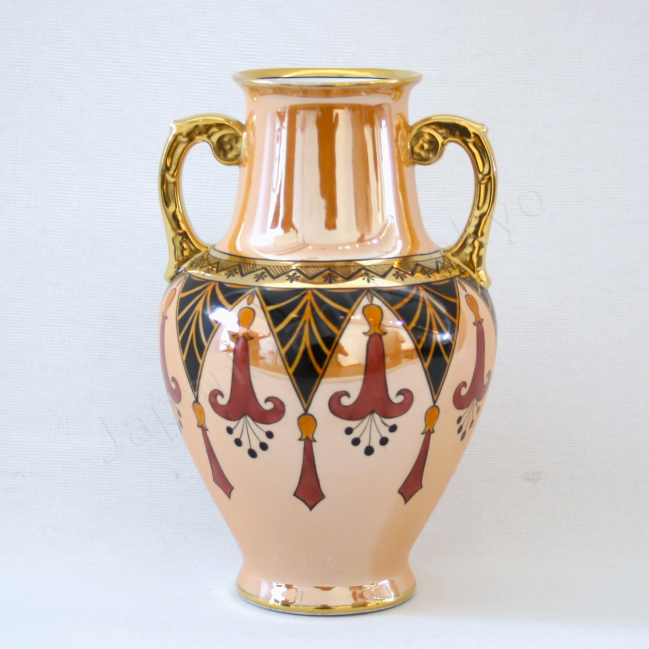Back view The Old Noritake EB-1124 Vase, showcasing its elegant Art Deco style with a flower basket design and a shimmering polychrome luster finish.