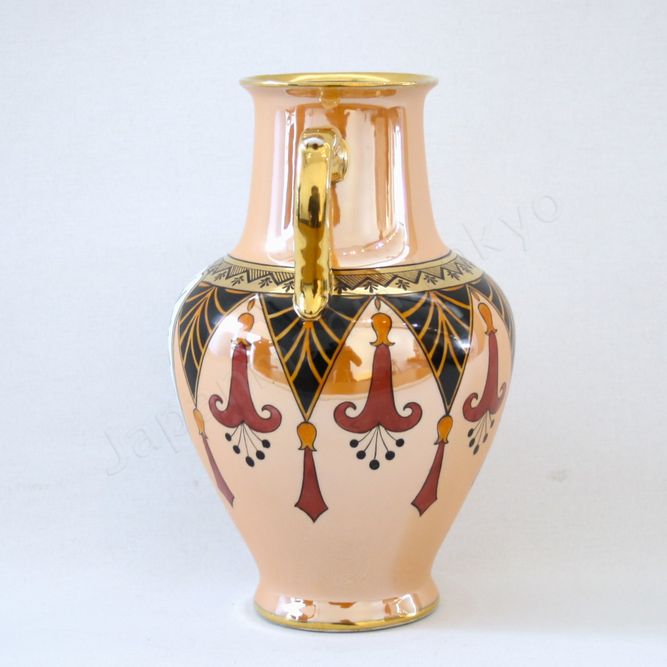 Side view The Old Noritake EB-1124 Vase, showcasing its elegant Art Deco style with a flower basket design and a shimmering polychrome luster finish.