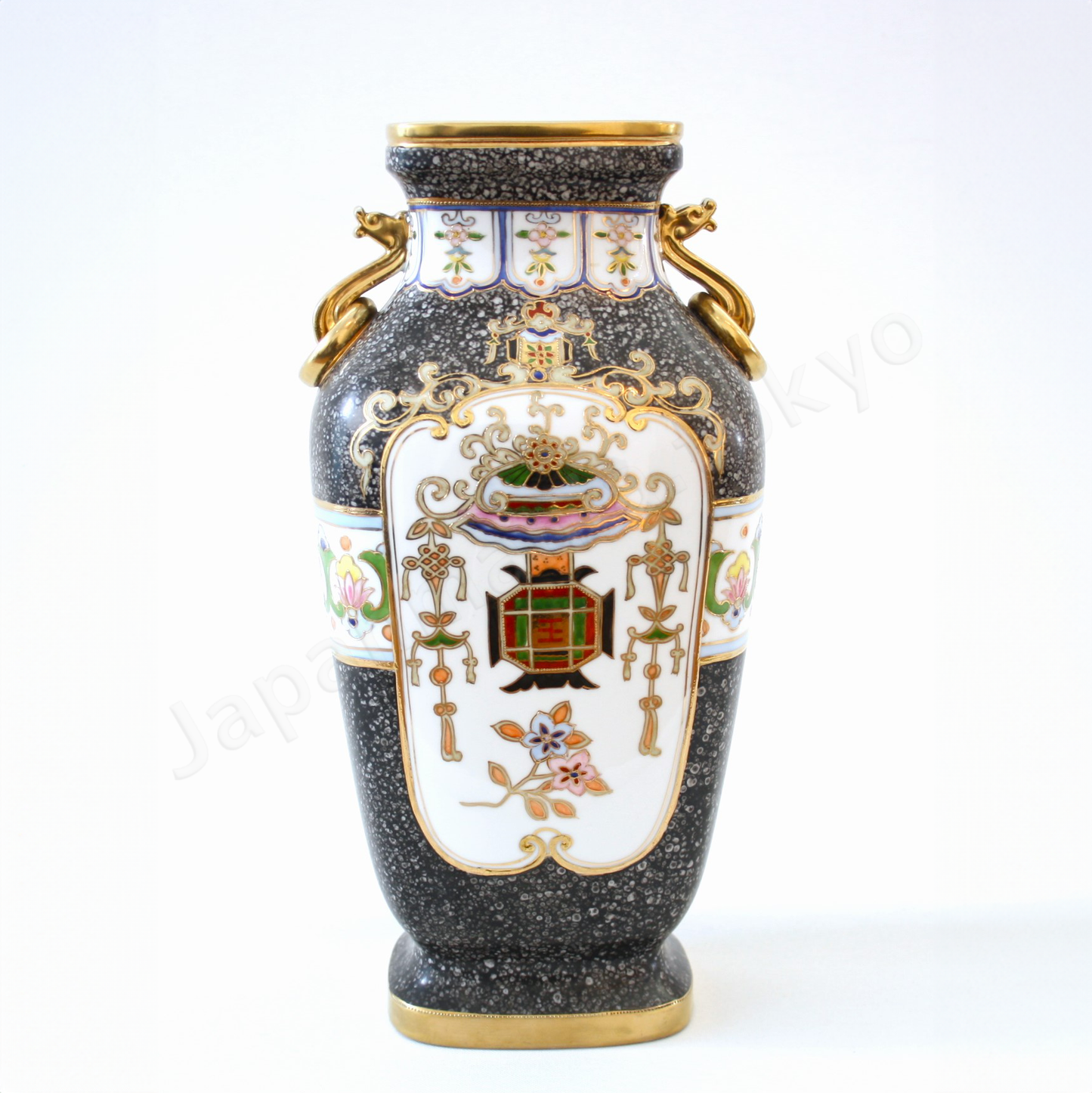 Front view: Japanese old fine china. Old Noritake. Antique.Vase with handles
Chainese lantern design
polychrome and gold