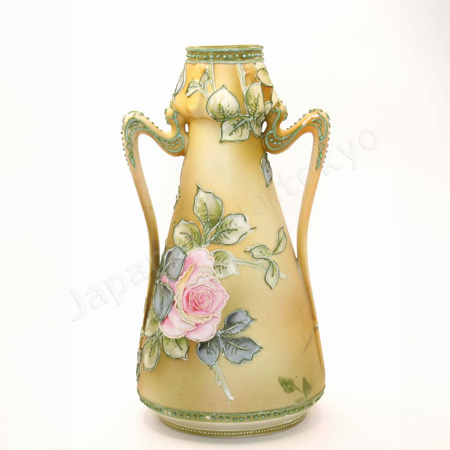 Backview: Japanese old fine china. Old Noritake. Antique.Vase with handles
Rose design
Molded trim shape