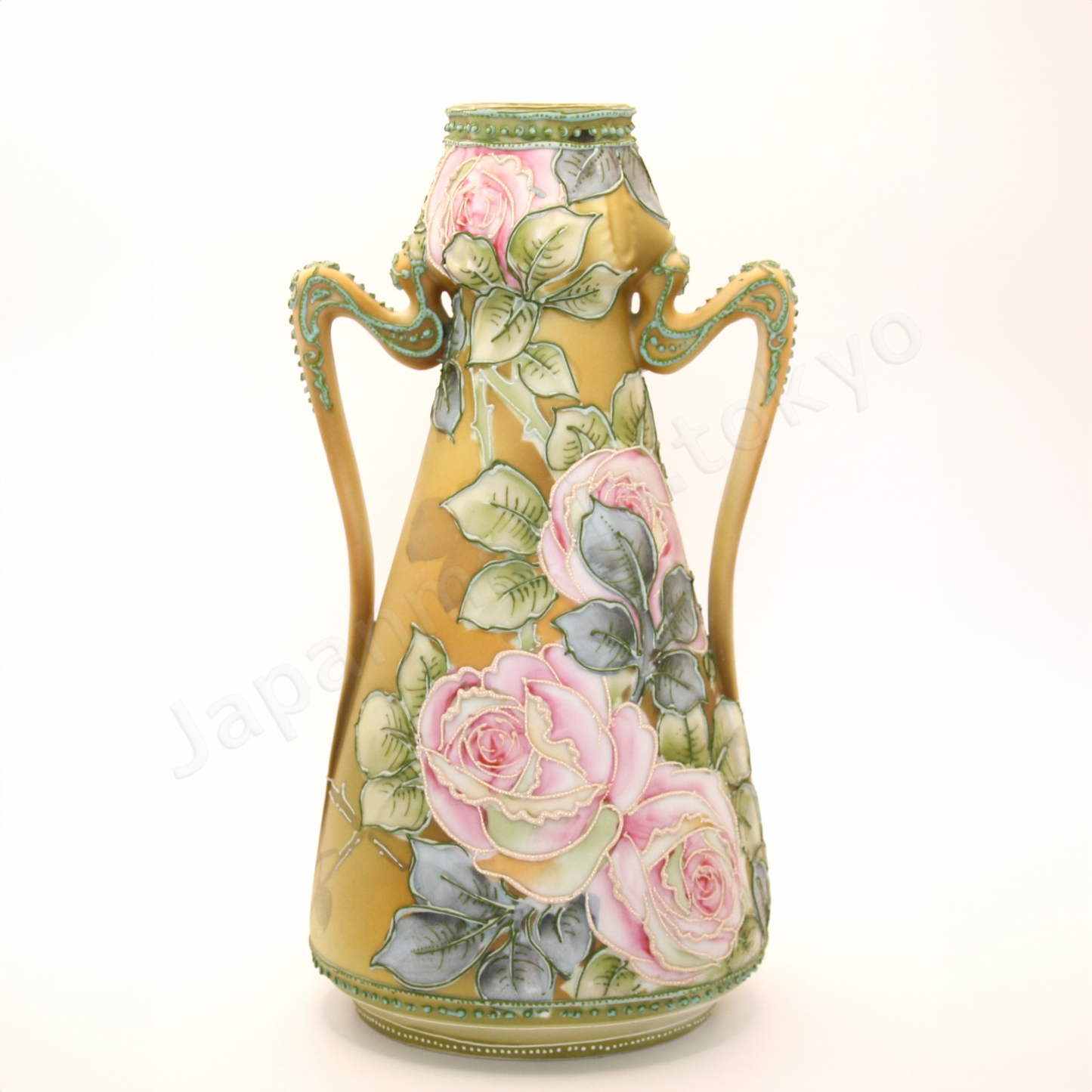 Front view: Japanese old fine china. Old Noritake. Antique.Vase with handles
Rose design
Molded trim shape