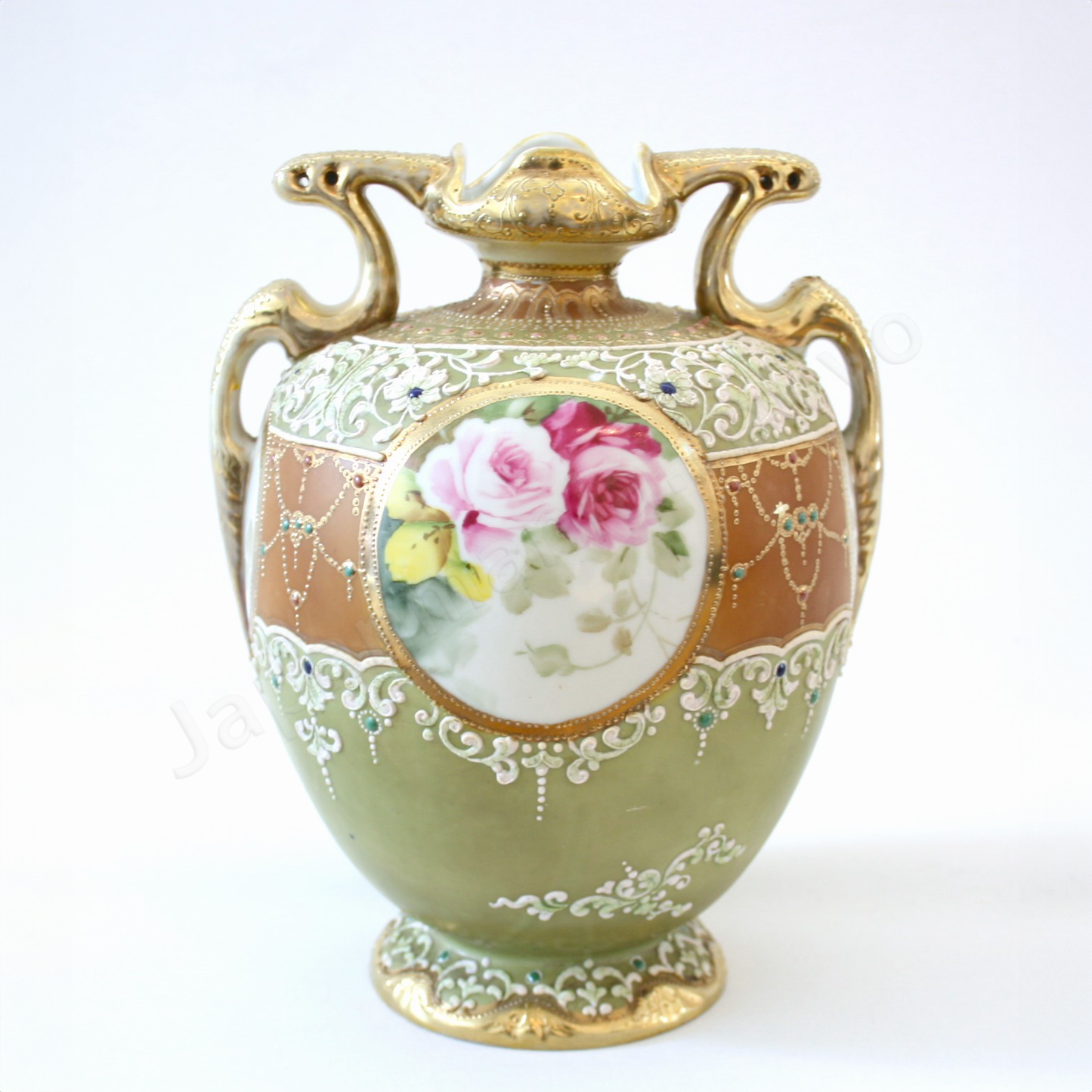 Back view: Japanese old fine china. Old Noritake. Antique.Vase with handles
Queen Louise portraite design
polychrome and gold, moriage.