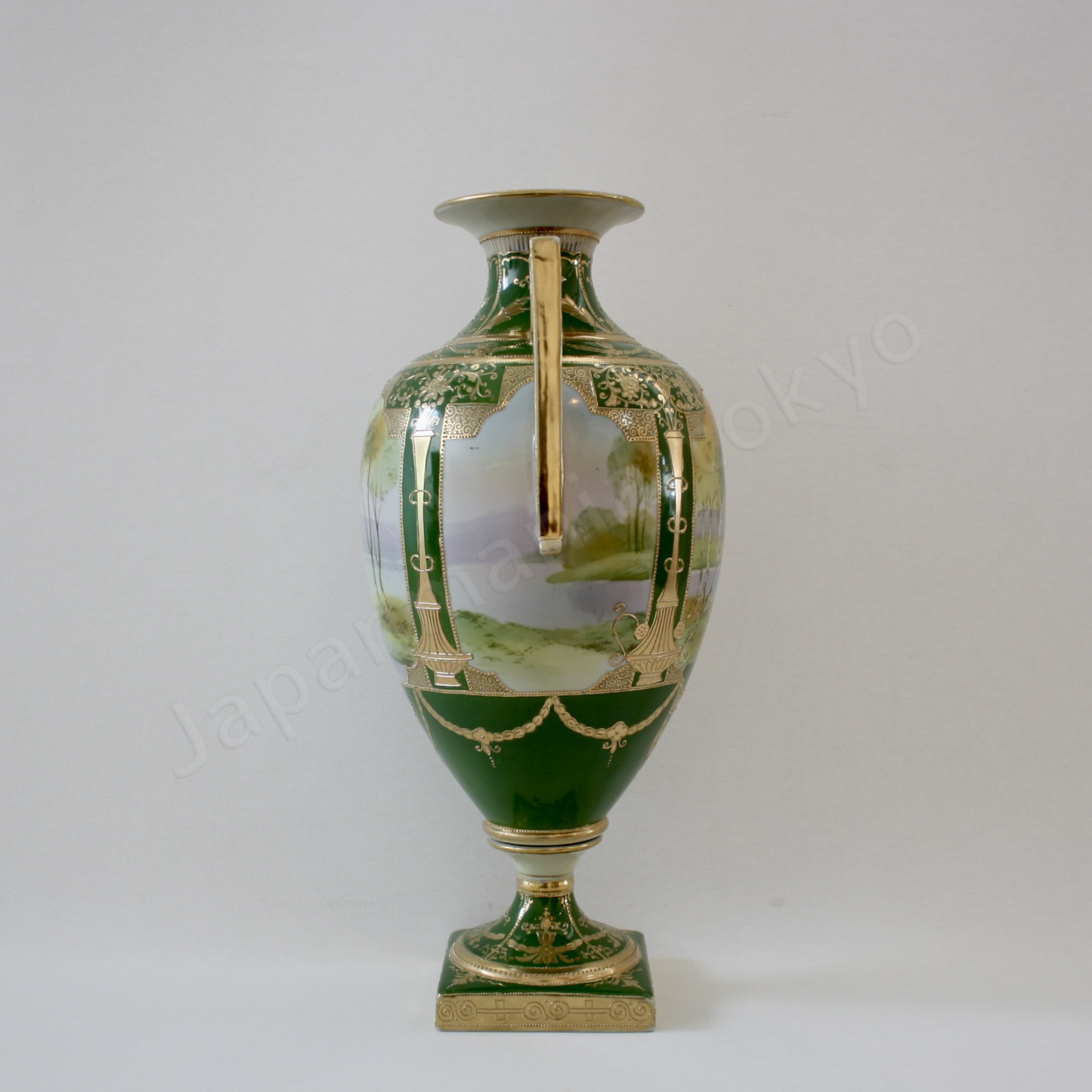 Side view: Japanese old fine china. Old Noritake.
Decorated Bolted Urn with handles
Lakeside Landscape design
Polychrome and gold