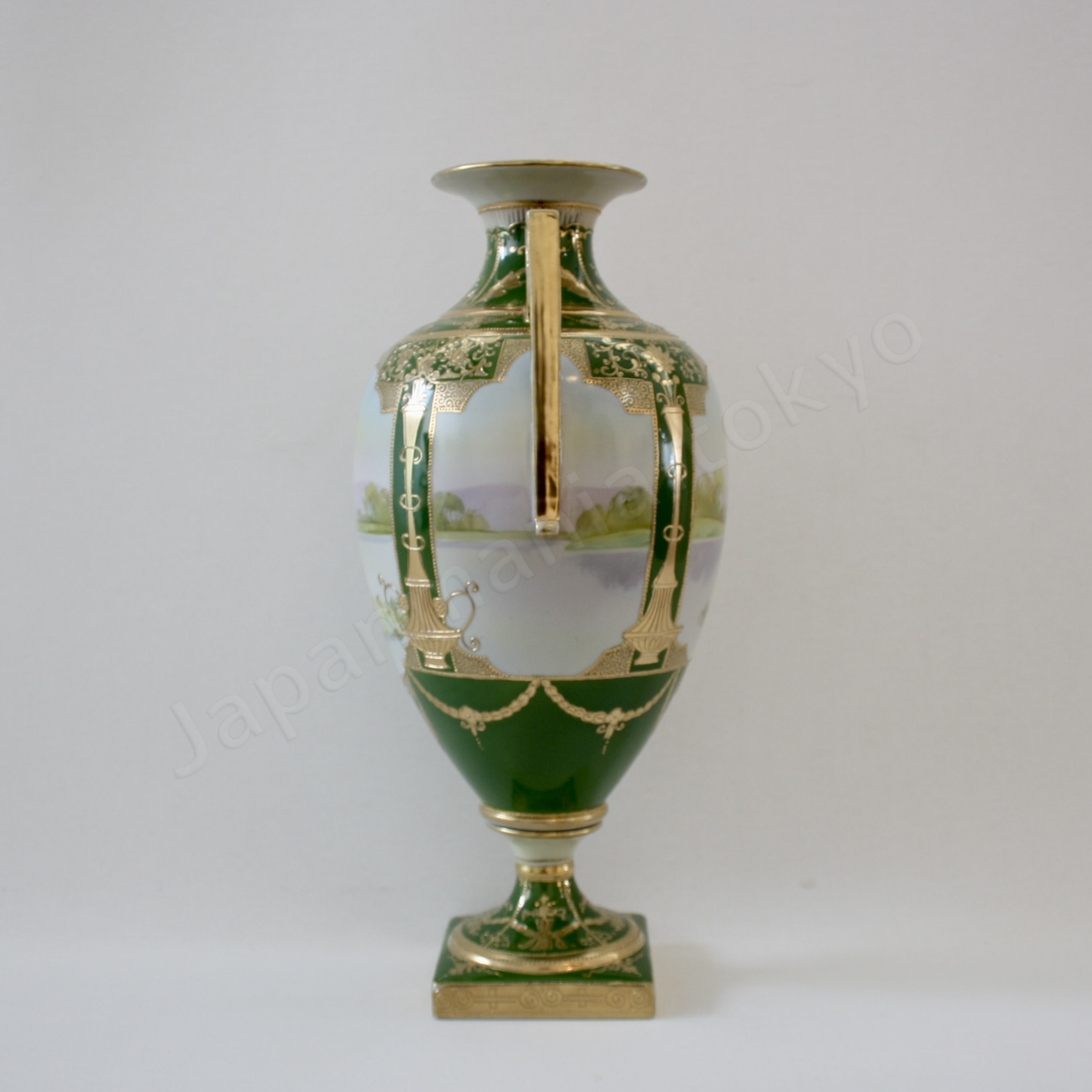 Side view: Japanese old fine china. Old Noritake.
Decorated Bolted Urn with handles
Lakeside Landscape design
Polychrome and gold