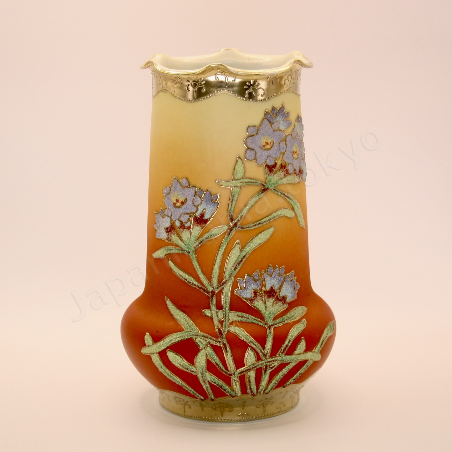Front View: Japanese old fine china. Old Noritake.
Ruffle top vase
Floral design
Polychrome, gold and coralene(glass bead decoration)