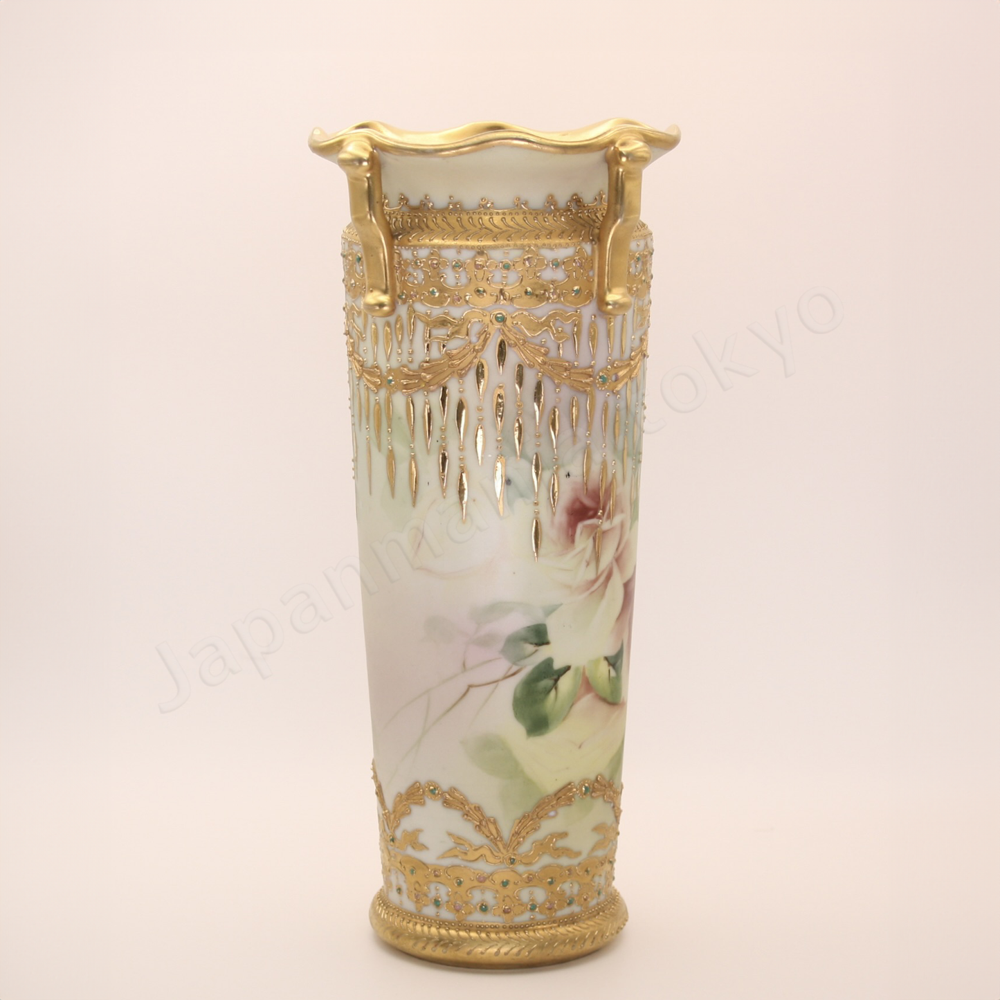Back view: Japanese old fine china. Old Noritake.
Ruffle top vase
Rose and chandelier design
Polychrome, gold relief, and enamel decoration