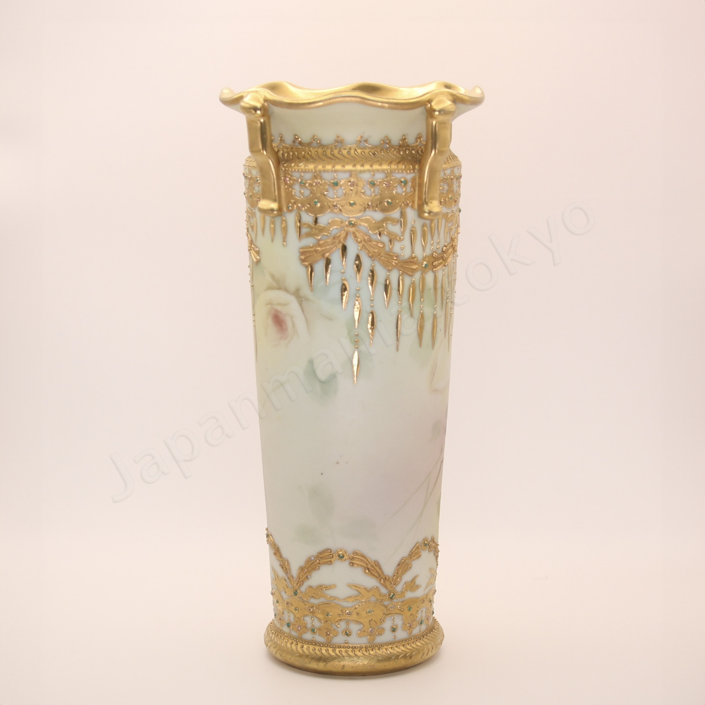 Side view: Japanese old fine china. Old Noritake.
Ruffle top vase
Rose and chandelier design
Polychrome, gold relief, and enamel decoration