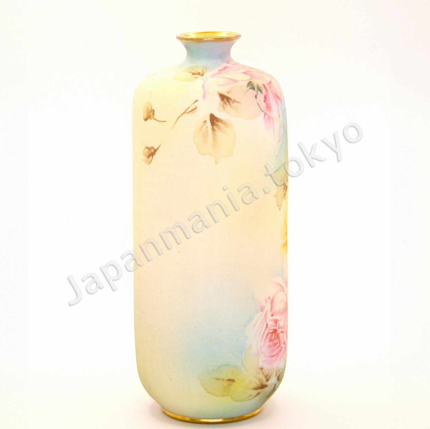 Side view: Japanese antique fine china. Old Noritake.
Vase
Rose design
Polychrome, Tapestry(cloth inlay)