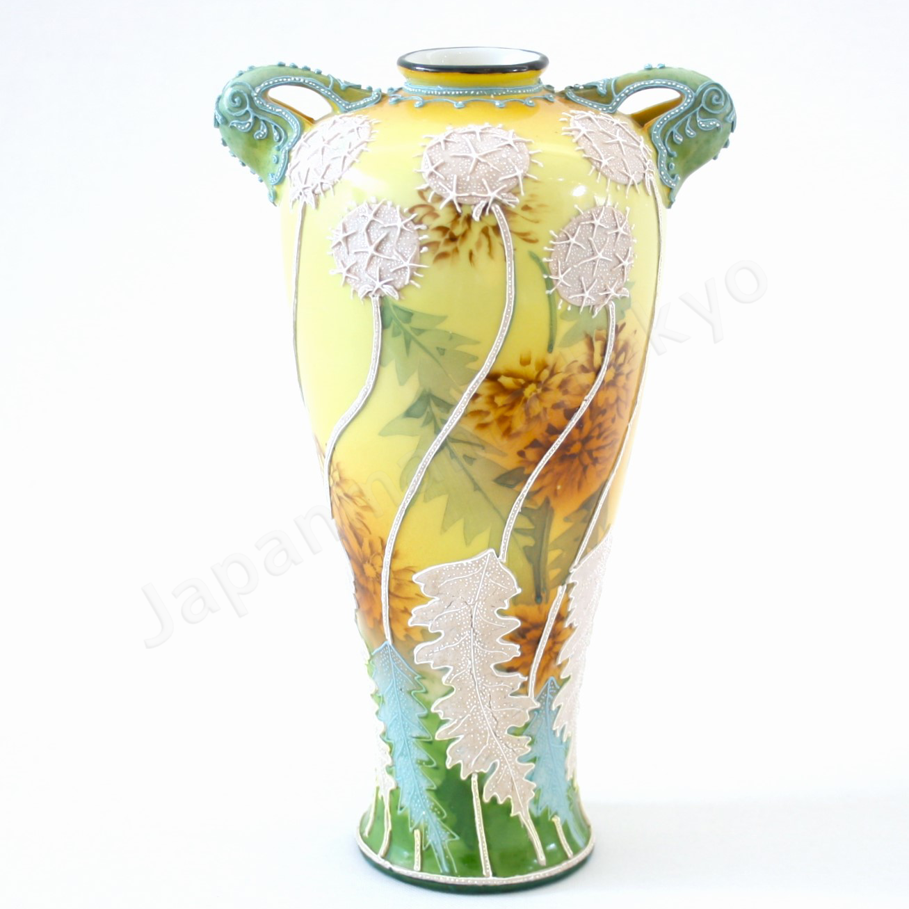 Front view: Japanese Antique fine china. Old Noritake.
Vase with handles
Dandelion design
polychrome and Moriage decoration