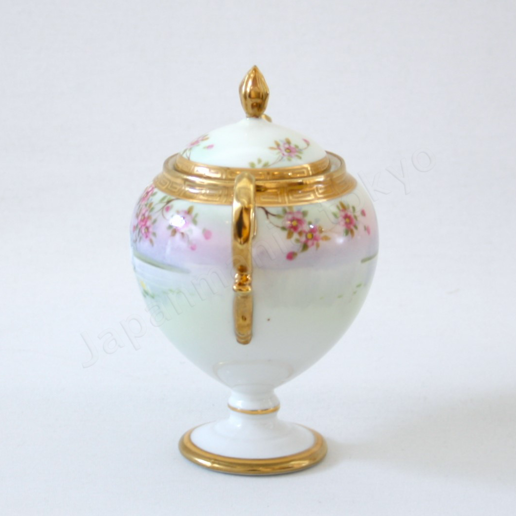 Side view:Japanese Antique fine china. Old Noritake.
Tea set
Swan and landscape design
Polychrome and gold