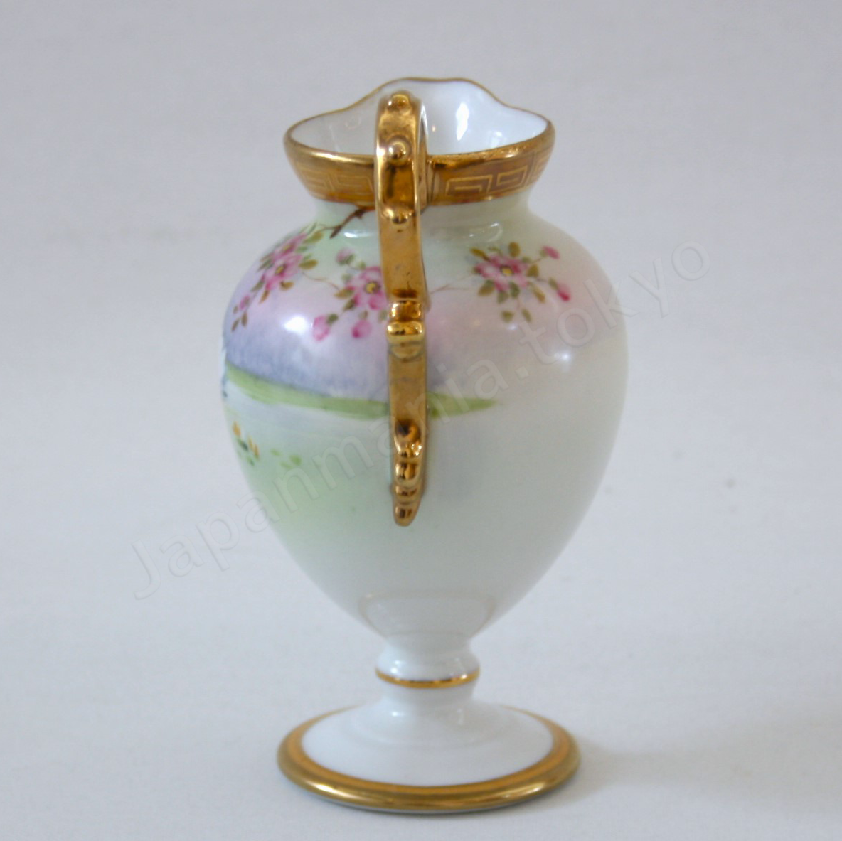 Side view: Japanese Antique fine china. Old Noritake.
Tea set
Swan and landscape design
Polychrome and gold