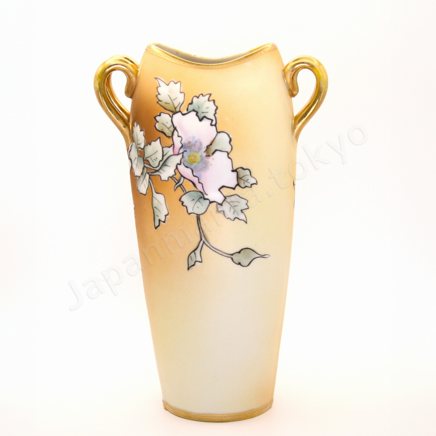 Back view: Japanese antique fine china. Old Noritake.
Art nouveau
Vase with handles
Poppy design
Polychrome and gold