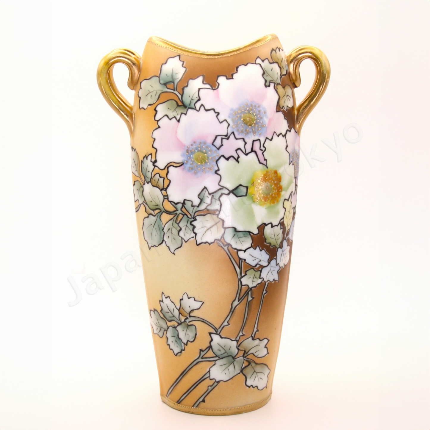 Front view: Japanese antique fine china. Old Noritake.
Art nouveau
Vase with handles
Poppy design
Polychrome and gold