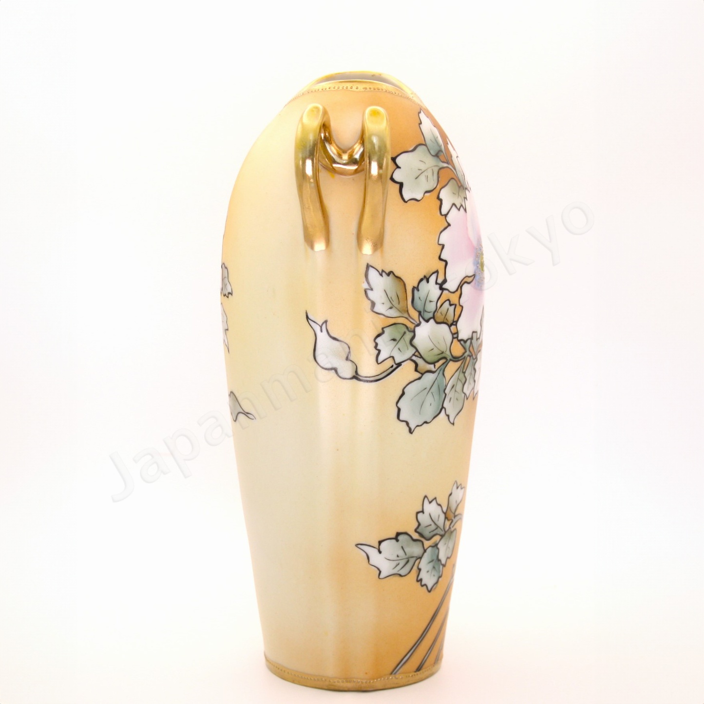 Side view: Japanese antique fine china. Old Noritake.
Art nouveau
Vase with handles
Poppy design
Polychrome and gold