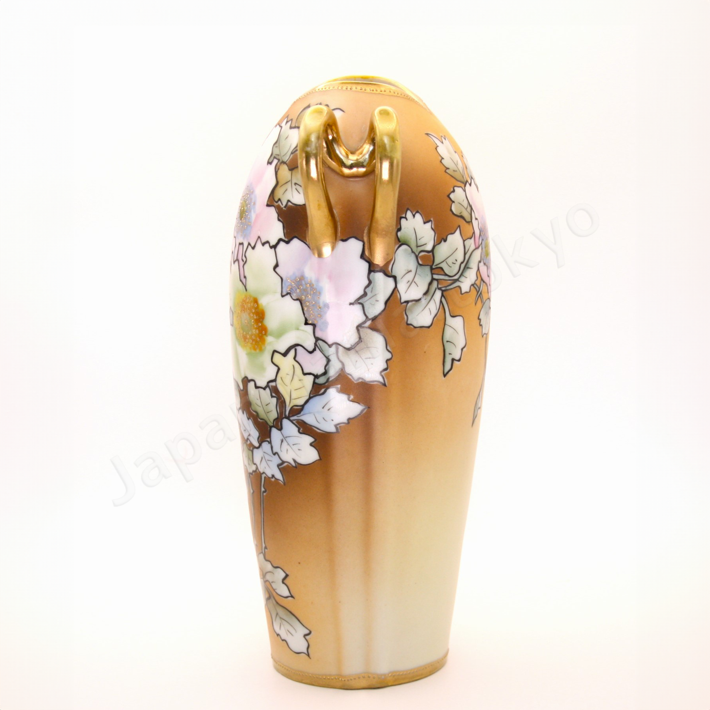 Side view: Japanese antique fine china. Old Noritake.
Art nouveau
Vase with handles
Poppy design
Polychrome and gold