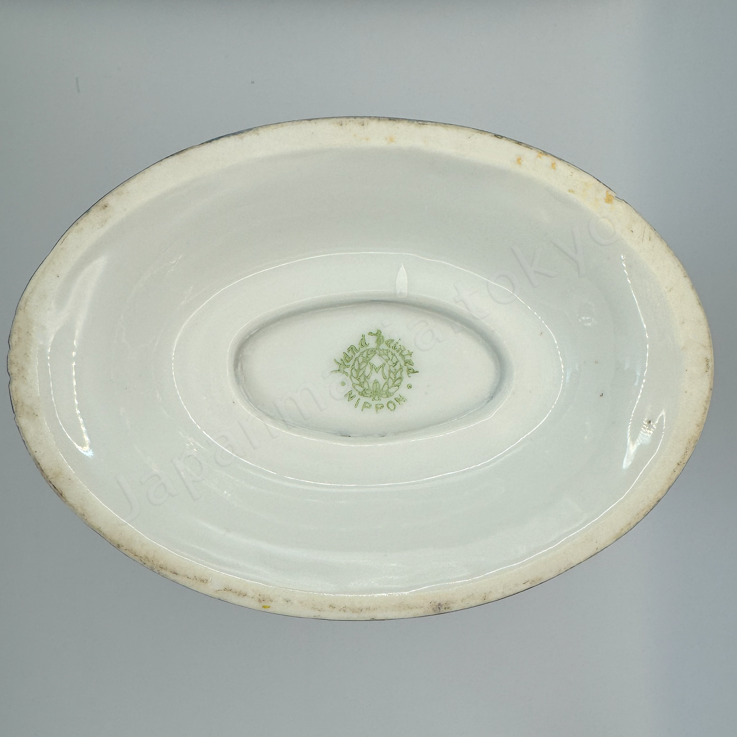 Back stamps: M in Wreath
Japanese antique fine china, Old Noritake.
Vase with handles
Landscape design
Polychrome and while relief (Jasper ware style)